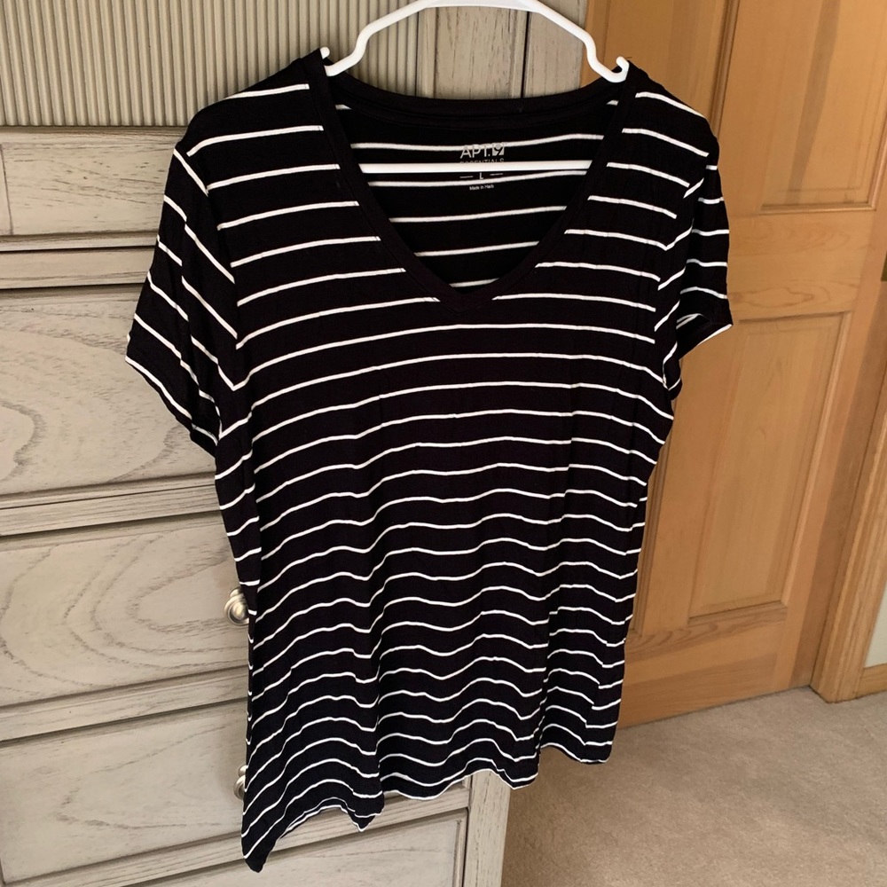 Black and White Striped V-Neck T-shirt